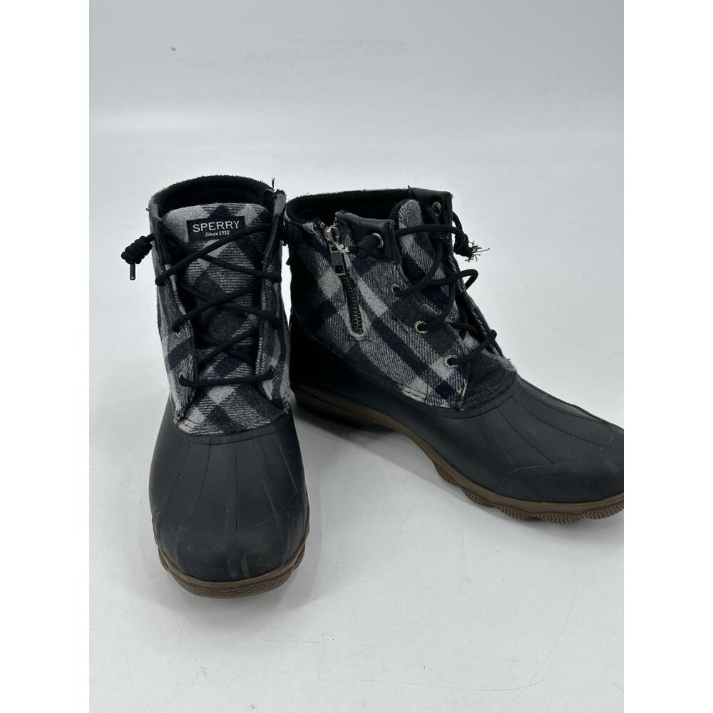 Sperry Duck Boots Black Outdoor Plaid Cloth Rubber Laces Zipper Women's 8.5M